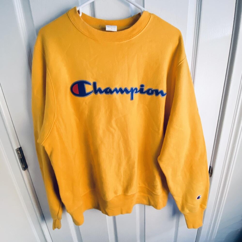 Vintage Champion Reverse Weave Sweatshirt Mens Medium Yellow Script Logo